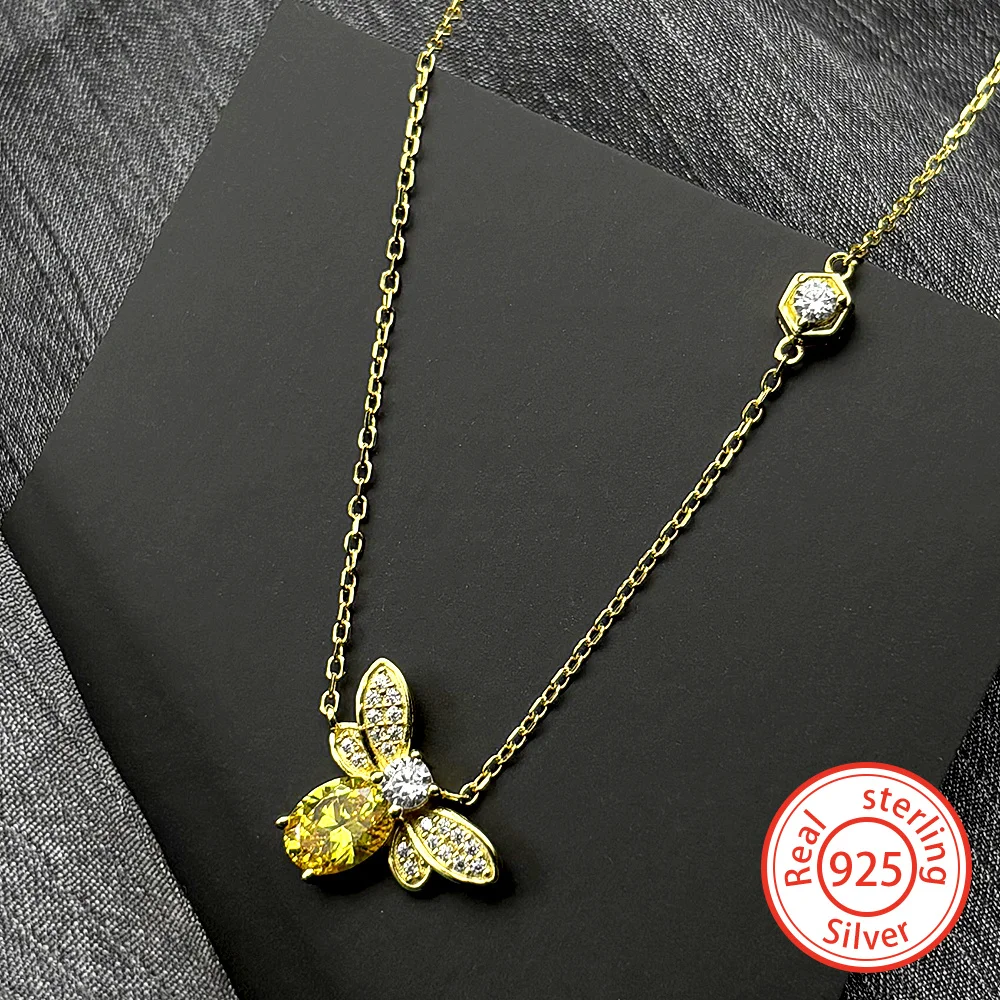 

925 Sterling Silver Bee Yellow Full Zircons Pendant Necklace for Women Girl Gold Color Charms Choker Chain Statement Jewelry