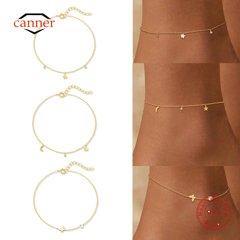 

CANNER 925 Sterling Silver Smooth Pentagram Moon Butterfly Summer Women Ankle Bracelet For Women Minimalism Ankle Bracelet Gift