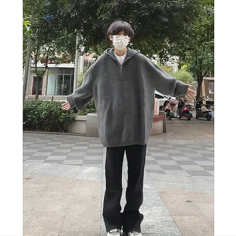 

Half Zip Hooded Sweater Men's Trendy Brand High-end and Lazy Style Loose and Thick Knit Sweater