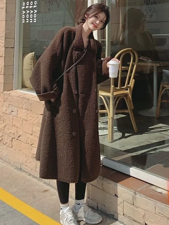 

Осенне-зимняя куртка средней длины из овечьей шерсти кофейного цвета, в стиле кардигана, для повседневной носки, корейская версия, свободный крой, с длинными рукавами