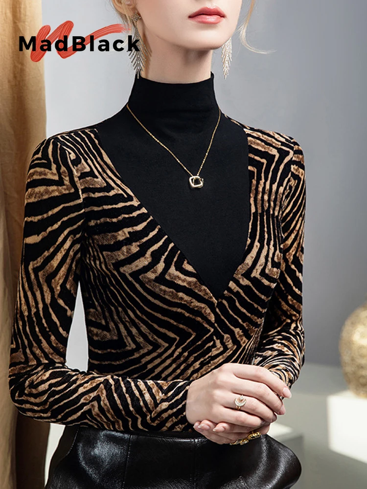 

MadBlack-Women European T-Shirt, Sexy Mock Neck Zebra Stripe, Fashion Long Sleeve Slim Fake 2 Pieces Tee, 2025 Winter T5N049CC