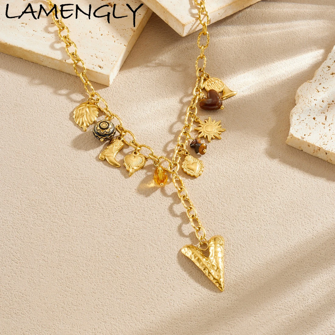 

LAMENGLY 316L Stainless Steel Handmade Leaf Boots Sun French Horn Tassel Heart Pendant Necklace Lady Exquisite Jewelry Gifts