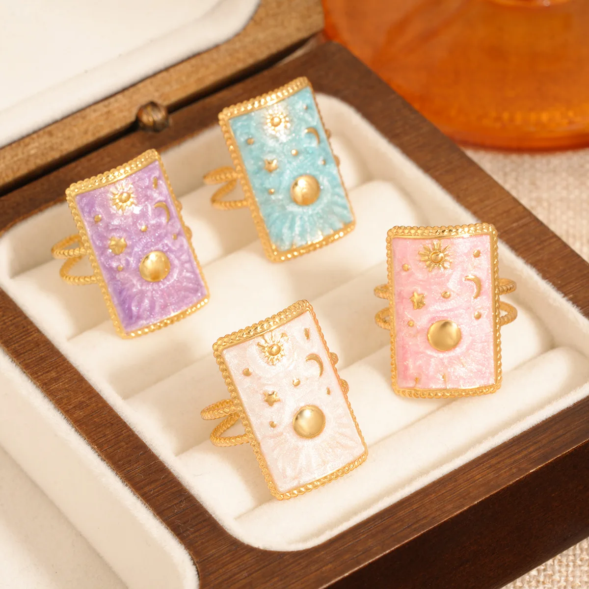 Fashion Boho Ring for Women Sun Moon Colorful Enamel Square Tarot Open Ring Retro Exquisite Daily Wear Jewelry Accessories Gift
