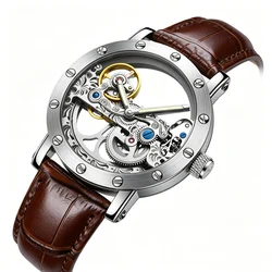 Luxury Brand WOONUN Leather Strap Transparent Dial Golden Case Mens Watches Automatic Mechanical Orologio Men