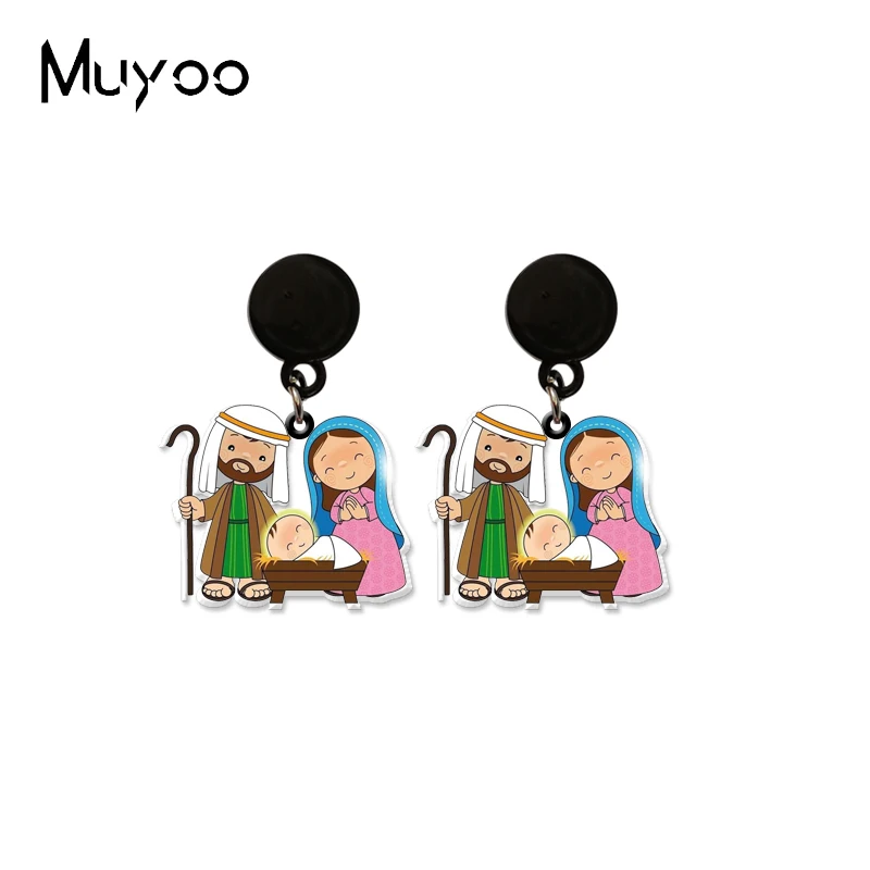 2023 New Arrival Fashion Virgin Mary and Jesus Holy Jesus's Birth Handcuff Epoxy Acrylic Resin Drop Dangle Earrings