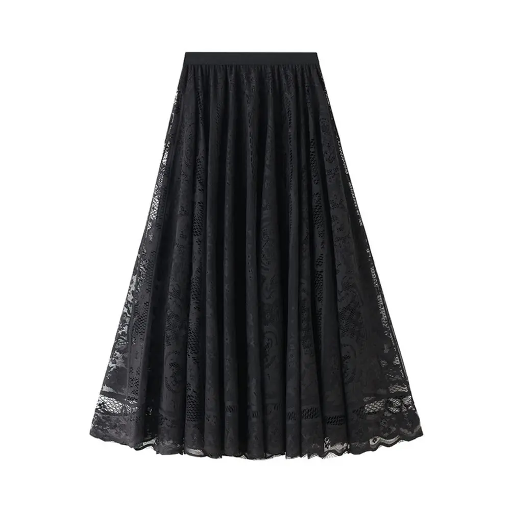 Sheer Lace Skirt Crochet Tulle Midi Skirt Women\'s Flowy A-line Mesh Skirt Ladies High Street Trendy Outfit