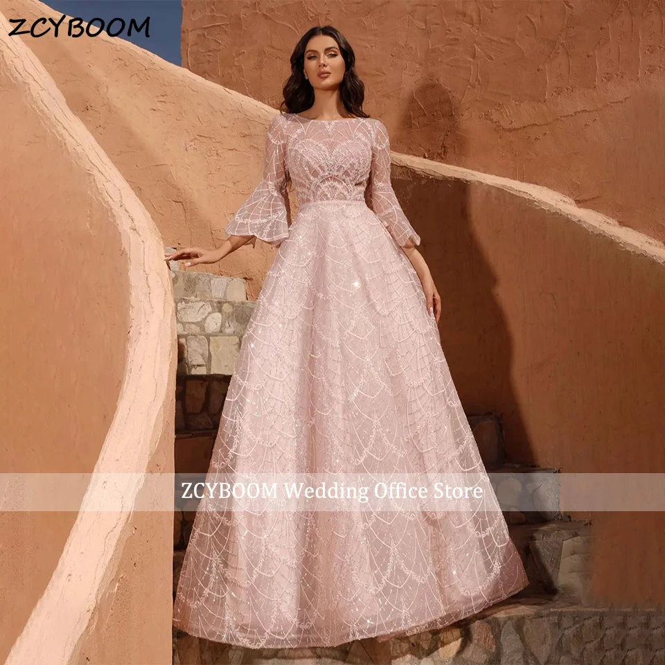 Customized Half Flare Sleeves A-Line Formal Evening Dresses 2024 Embroidery O-Neck Wedding Party Floor Length Party Prom Gowns