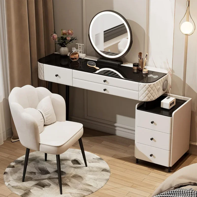 Luxury Solid Wood Vanity Pre-Assembled,Smart Makeup Desk Multiple Function,with Chair (White)