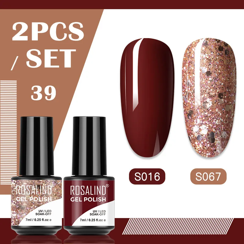 ROSALIND 2 sztuk żelowy zestaw lakierów do paznokci brokatowym kolorze Semi permanentny Nail Art hybrydowy lakier do paznokci Manicure podkład Top Coat UV zestaw żeli do paznokci