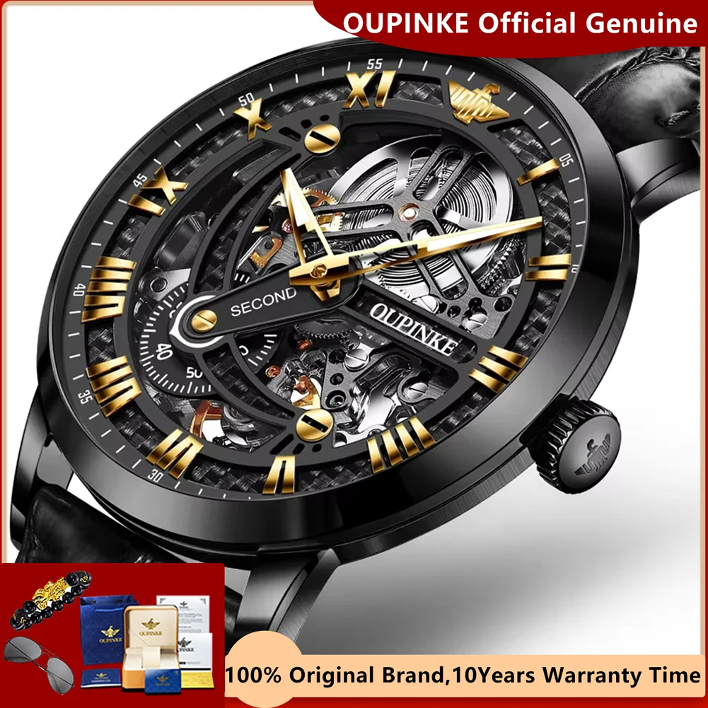 

OUPINKE 3173 Hollow Automatic Mechanical Watch for Men Genuine Leather Strap Luxury Sapphire Mirror Wateproof Men's Wristwatches