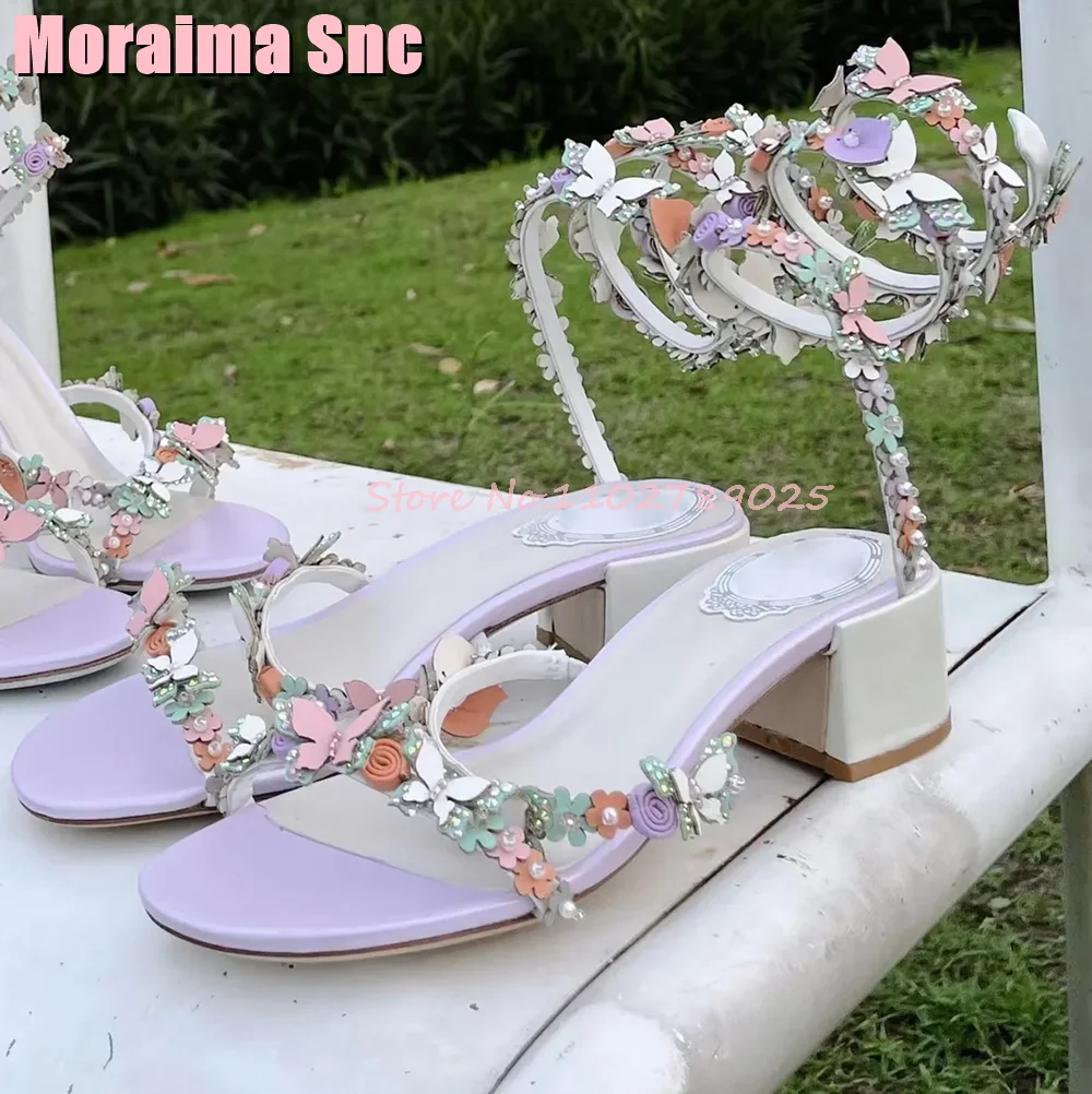 Butterfly Flower Decor Snake Wrapped Sandals Stiletto High Heel Round Open Toe Pearl Designer Women Shoes Summer Banquet Party