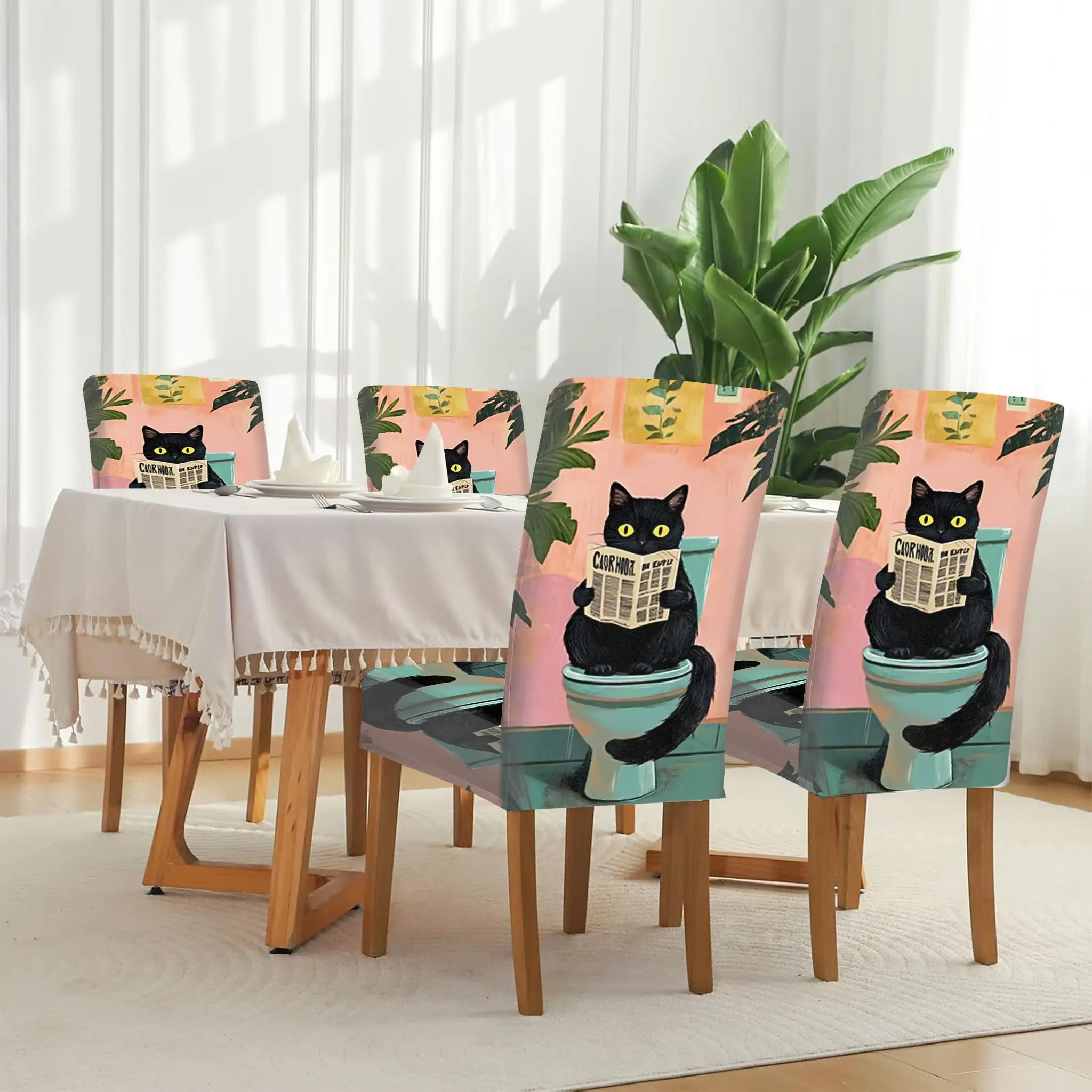

Stretch Dining Chair Cover Black Cat Reading Newspaper Humor Bathroom Illustration Removable, Washable, Home Dining Chair Cover