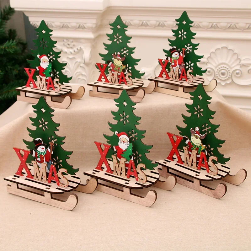 Wooden Splicing Christmas Ornaments Santa Claus Xmas Tree Sleigh Model Table Decor For 2025 Navidad New Year Party Home Decor