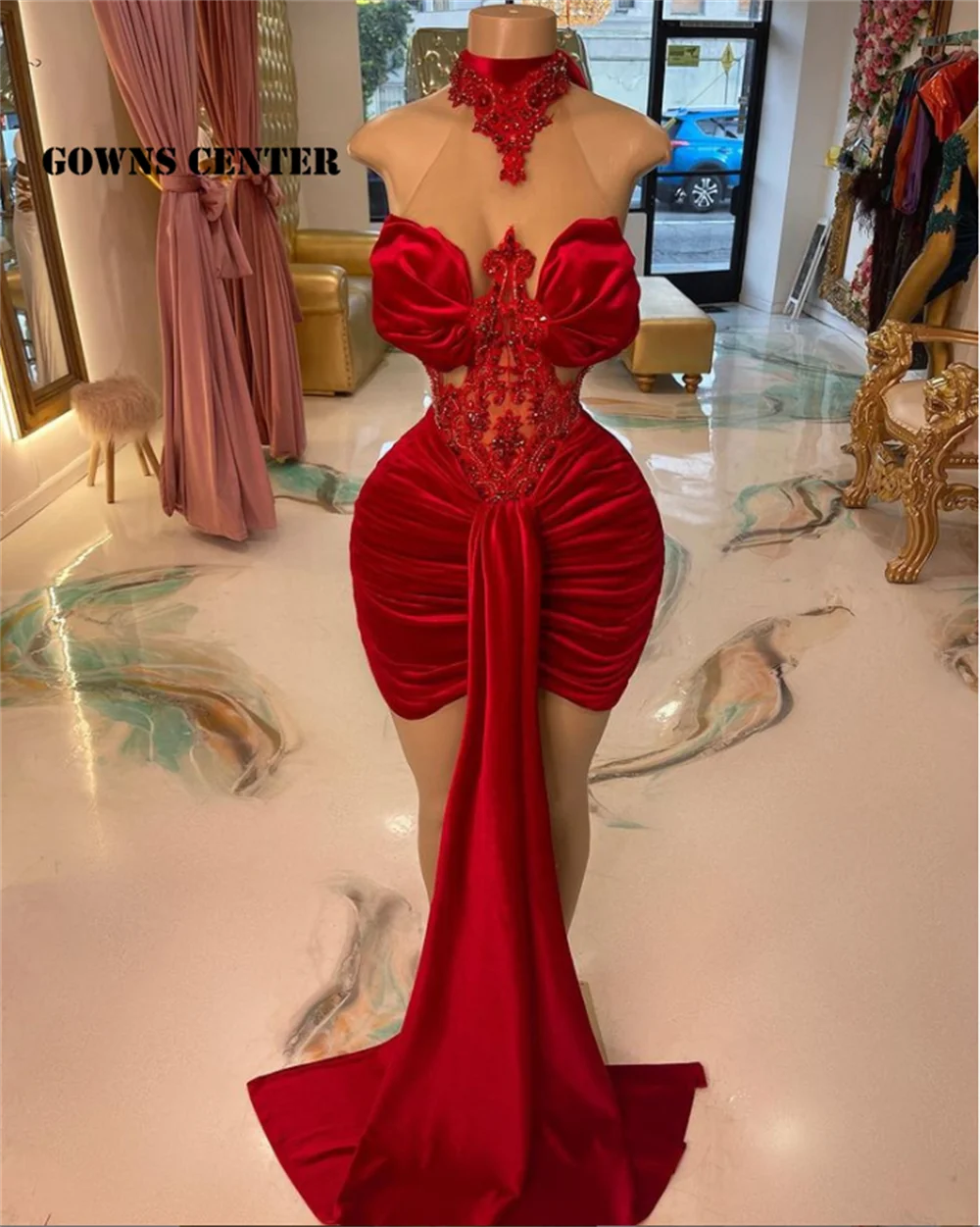 Red Velvet Halter Prom Dresses For Black Girls Mermaid Mini Cocktail Dress With Train African Birthday Party Gown robe de bal