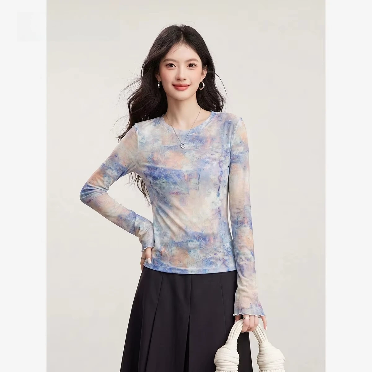 VIMLY Printed Long Sleeve T-shirt for Women 2026 Autumn New Mesh Layering Slim-fit Fashion Design Tees Elegant Casual Top 31551