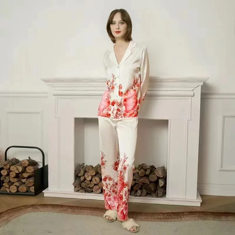 

100% Mulberry Silk Print Women's Satin Pajamas Female Sleep Two Piece Set Long Pijama mujer Loungewear Elegant Silk Pyjamas Sets