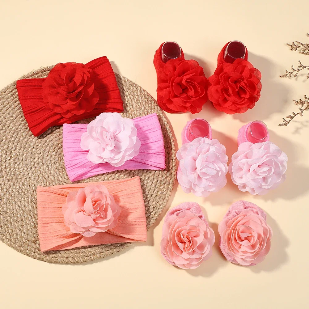 3pcs Cute Baby Socks+ Headbands Set Non Slip Cotton Sock Lace Flower Newborn Hair Band Turban Girl Casual  Hair Accessories