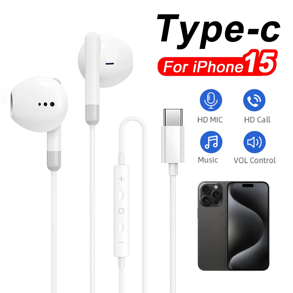 Headphones For Apple iPhone 15 Puls Pro Max In-Ear With Microphone Wired Earphone For Samsung Xiaomi 12 Huawei USB-C Earphones