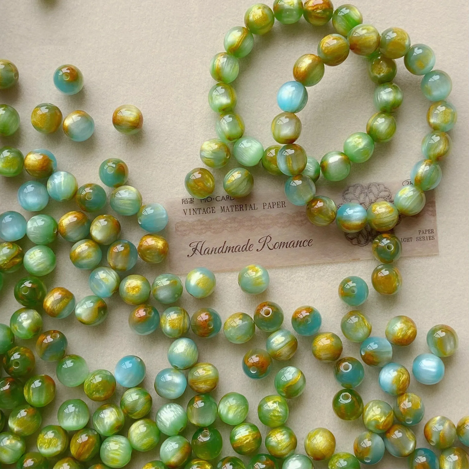 

10pcs Acrylic Resin Teal Round Bead Oil-Painting Style Bead For DIY Bracelet Necklace Jewelry Accessories Materials Wholesale