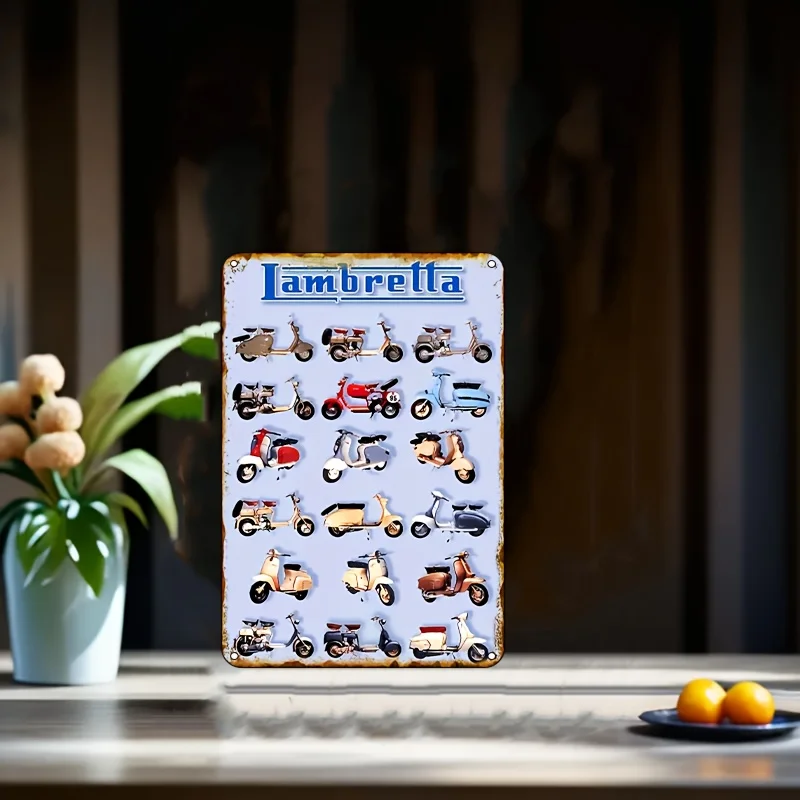 Vintage Lambretta Scooter Metal Wall Art - Retro Motorcycle Decorative Sign with Classic Cars, , Iron Material, Perfect for Hom