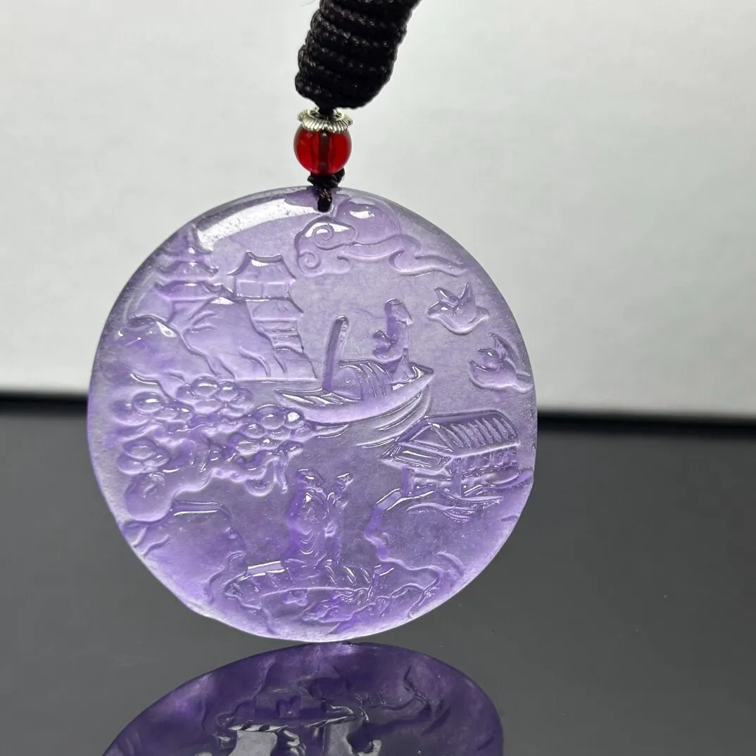Genuine Natural AA Grade High Ice Purple Jade Landscape Pendant Necklace Hand Carved Real Natural Jade Jewelry For Women