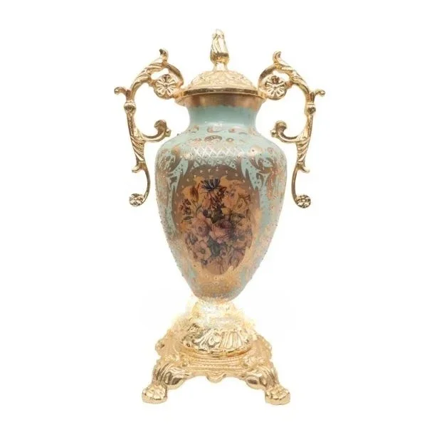 Ceramic decorative set, two vases and plates with gold-plated solid brass frames