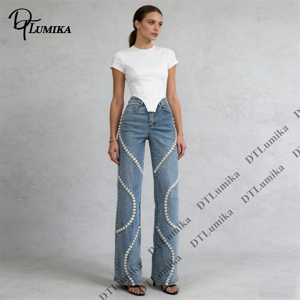 

Women’s Blue Flare Jeans with Pearl Crystal Beaded Detail, High Waisted Bell Bottom Pants for Party Nightclub Cocktail