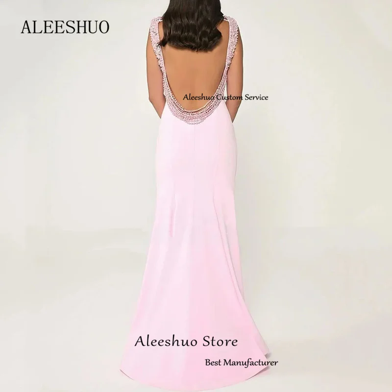 Aleeshuo Simple Mermaid Satin Prom Dresses Sexy Sleeveles Pleated Beaded Crystal Evening Party Dresses Sexy Open Back Prom Gown