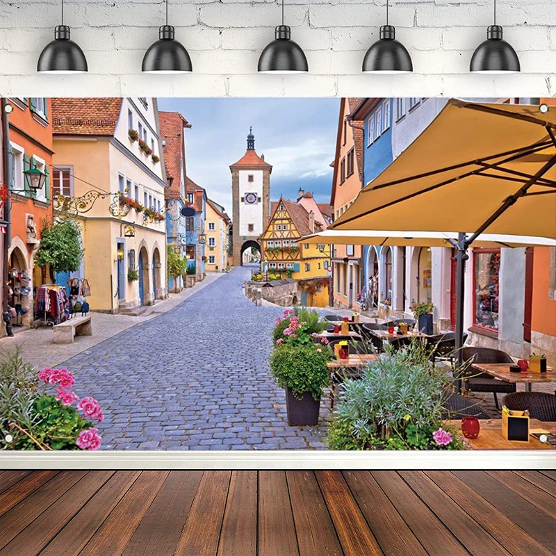 

Bavarian Street Scenery Photography Backdrop For Oktoberfest Sign Banner German Beer Party Decorations Supplies Background