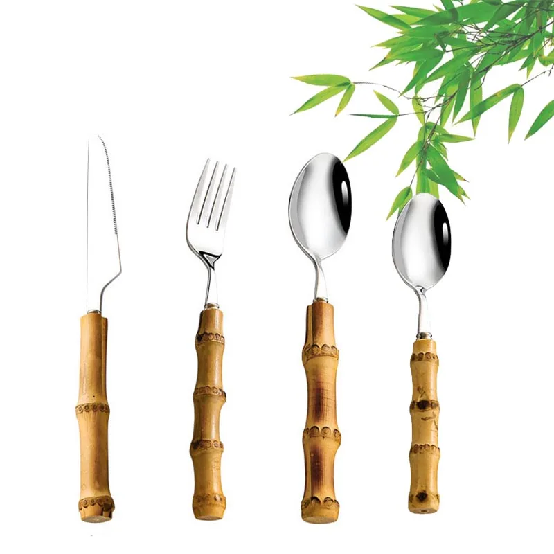 Stainless steel tableware cutlery spoon fork knife with natural bamboo handle with knot bamboo joint