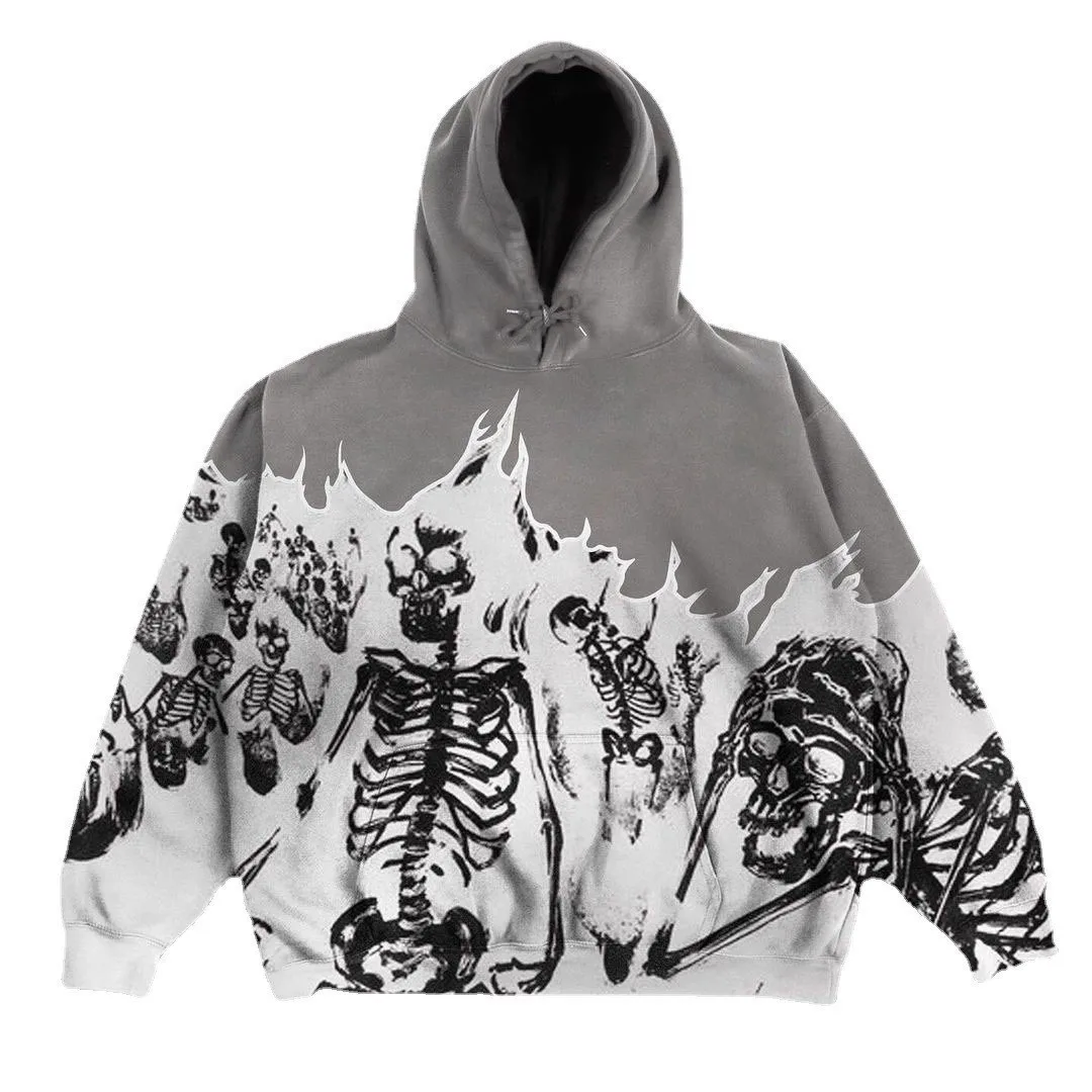 Anime Skull Pattern Men\'s Hoodies Y2K Streetwear Retro Gothic Blast Print Sweatshirt Men Harajuku Zipper Cardigan Hoodie