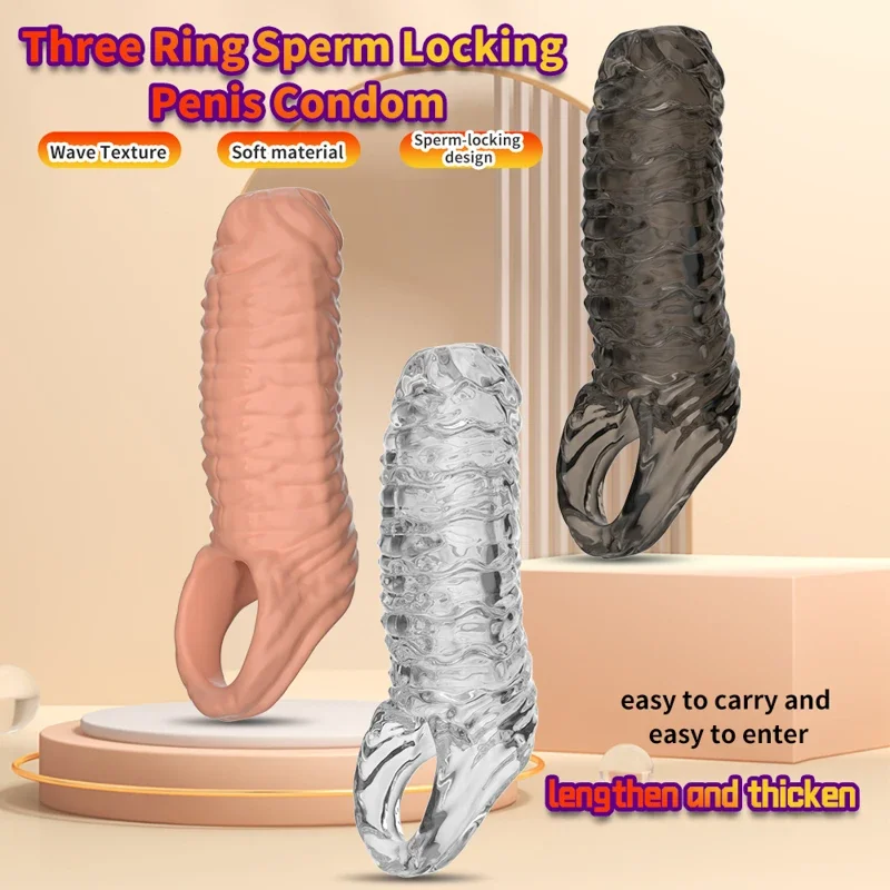 Cock Ring Reusable Penis Sleeve Sex Toys Condoms for Men Restriction Rings Pleasure Ring in The Clitoris Sperm Locking Condom 18