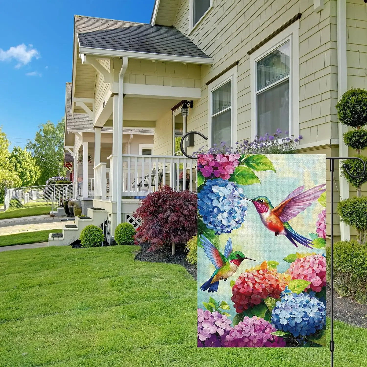 Hummingbirds Spring Garden Flag 12x18 Inch Double Sided for Outside, Hydrangeas Flower Small Burlap Yard Flag Farmhouse Home AAS