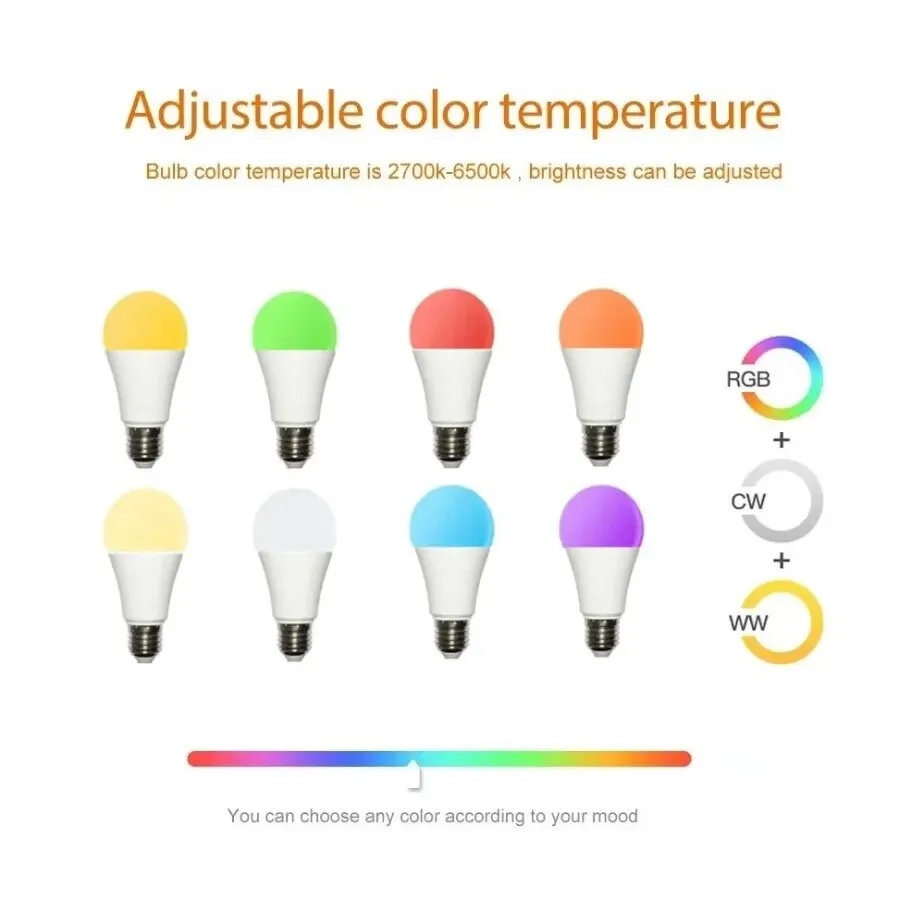 Lampadina E27 Wireless Bluetooth Smart Work con controllo Tuya dimmerabile 9W E27 RGB + CW + WW LED lampada cambia colore compatibile AC85-265