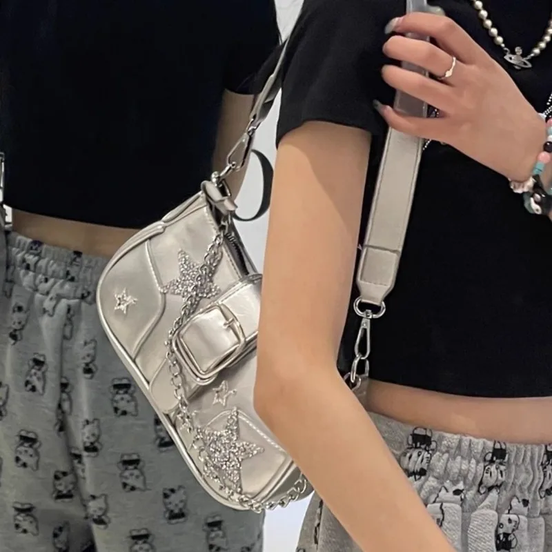Xiuya Y2k Designer Womens Shoulder Bag Silver Chains Fashion Summer Pu Leather Handbag Original Luxury Daily Female Armpit Bag