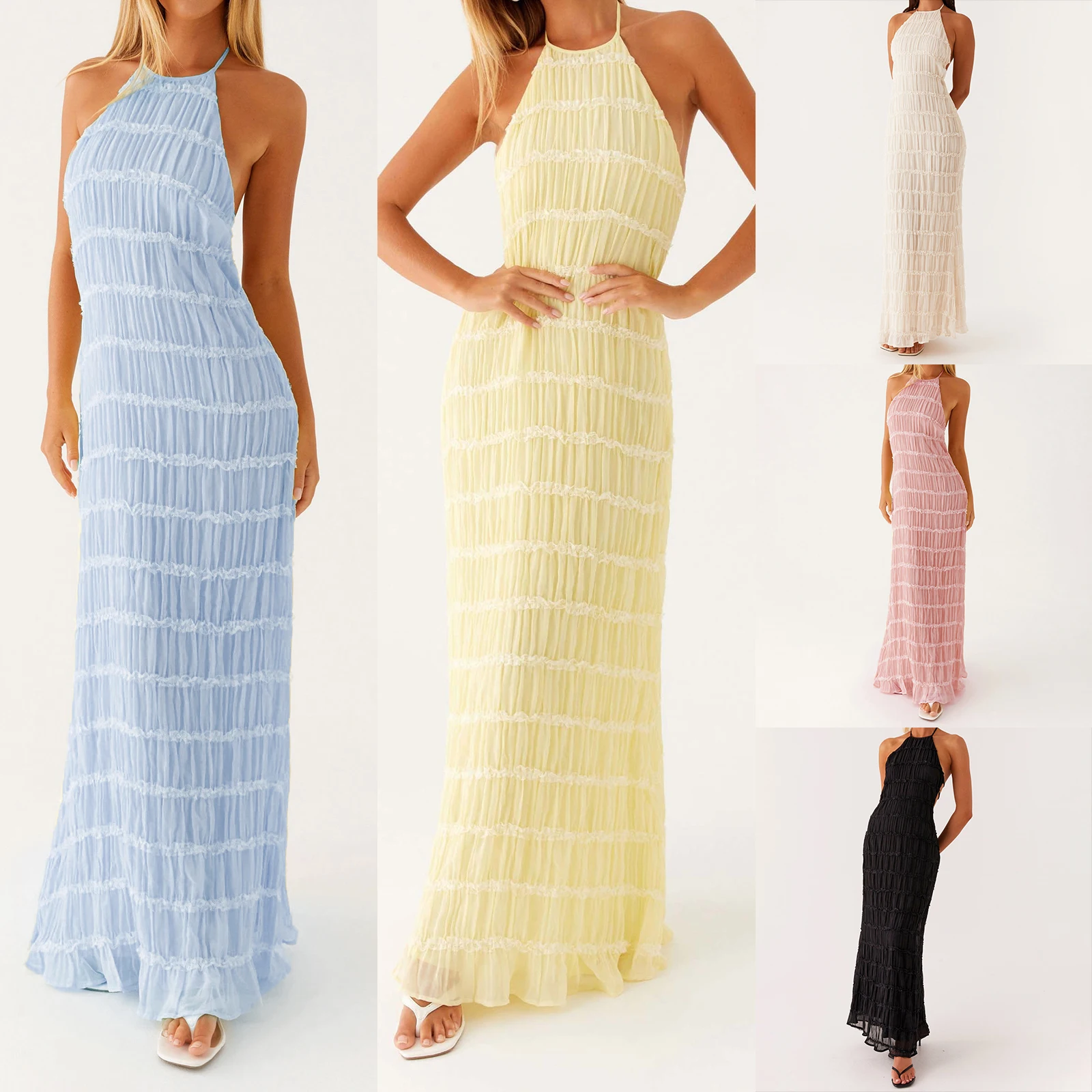 Women Halter Neck Maxi Dress Sleeveless Lace Tiered Smocked Long Dress Sexy Backless Party Vacation Beach Sundress