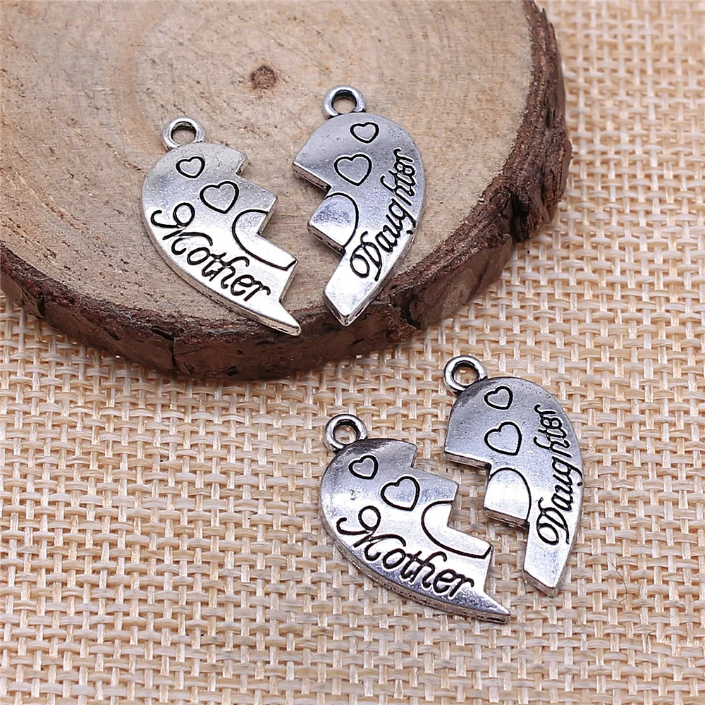 WYSIWYG 5pcs 21x21mm Charms Heart Mother Daughter Puzzle Antique Silver Color Pendants Making DIY Handmade Finding Jewelry