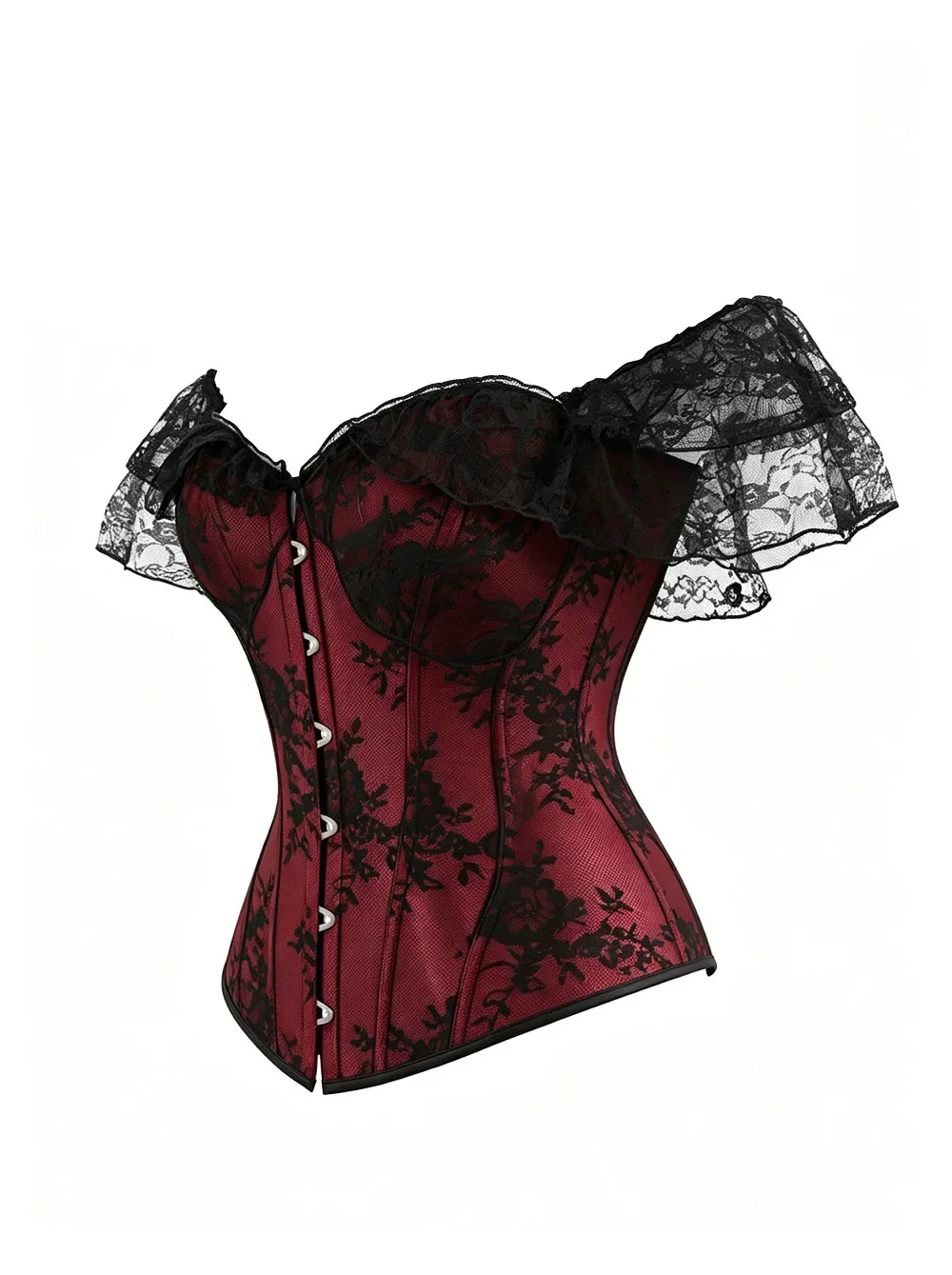 Top corsé de encaje floral con diseño de hombros descubiertos para mujer, con cierre frontal y cordones en la espalda, estilo gótico, ideal para disfraces de Halloween.