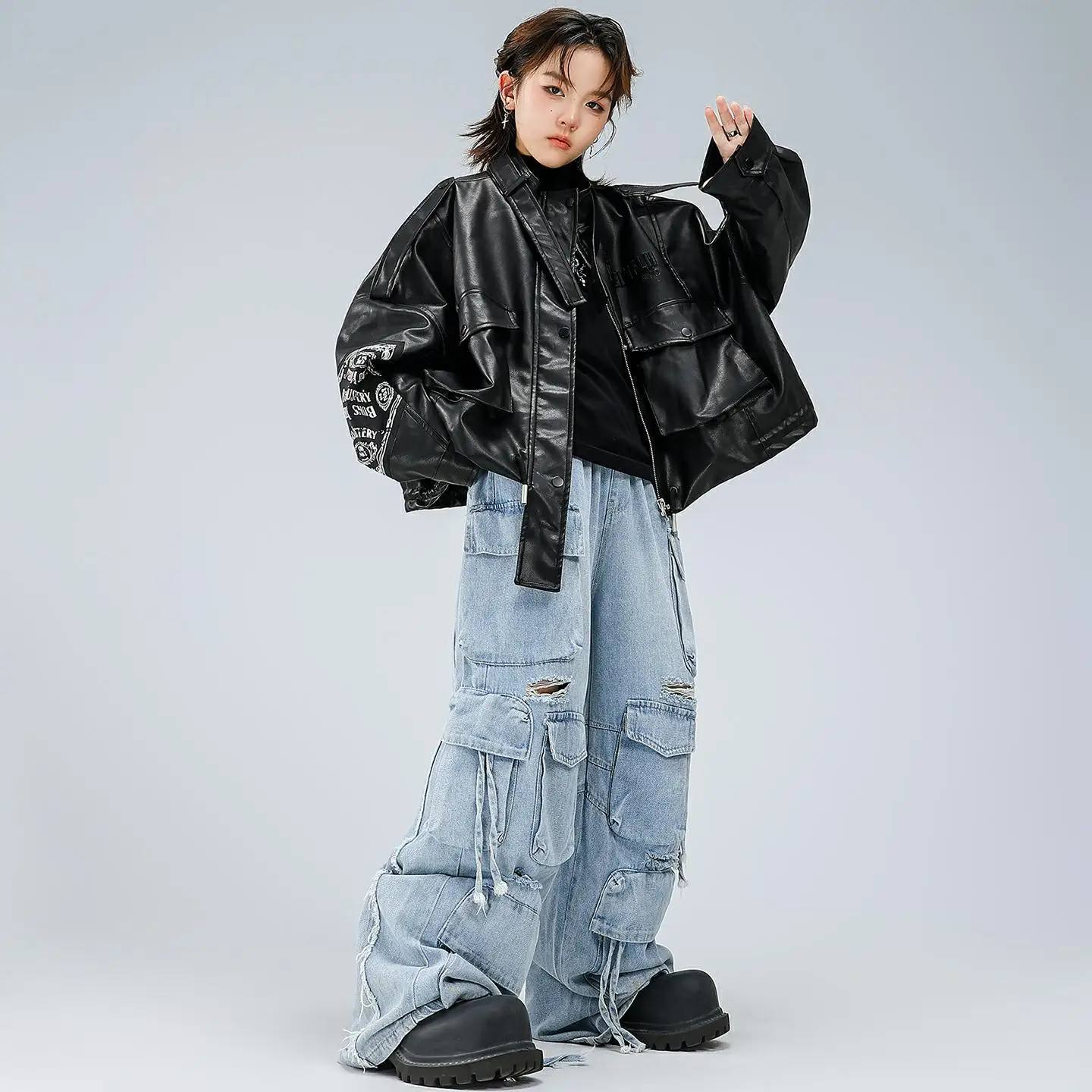 Kid Kpop Hip Hop Clothing Black PU Bomber Jacket Denim Blue Multi Pockets Ripped Jeans Pants for Girl Boy Dance Costumes Clothes