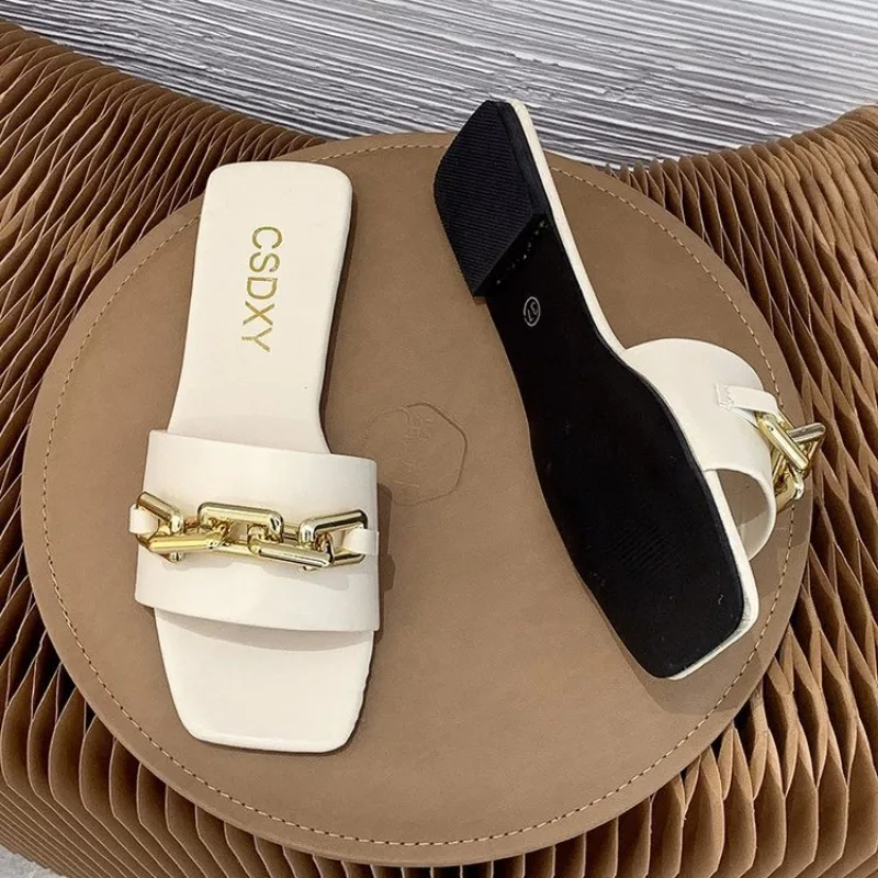 New Chain Women Slippers Summer Flat Outdoor Luxury Square Toe Design Sandals Women Slides New Korean Trend Plus Size 35-42
