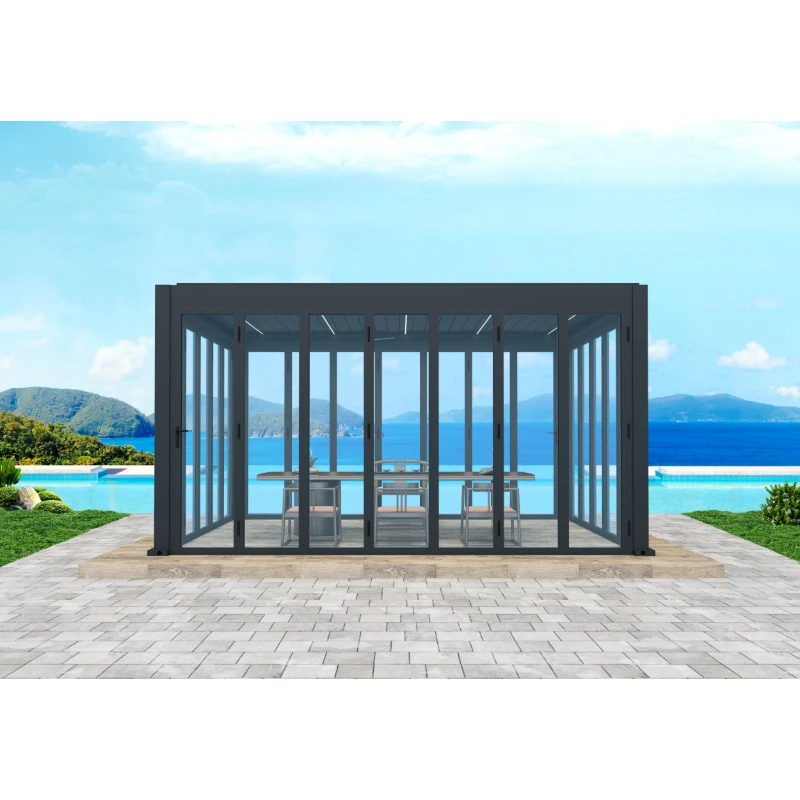 Frameless Design for Villa Patio or High-End Outdoor Lounge Custom Aluminum Glass Pergola with Sliding Door Panels