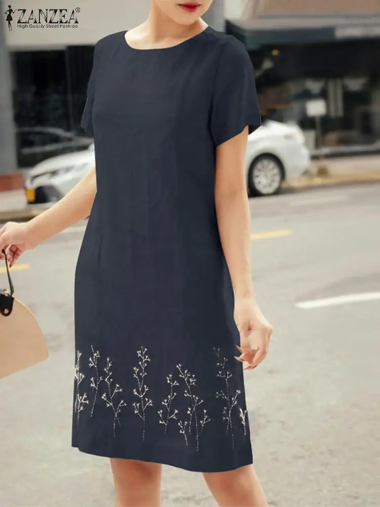 

ZANZEA Summer Fashion Holiday Party Midi Dress Women Floral Embroidery Dress Elegant O Neck Short Sleeve Sundress Work Vestidos