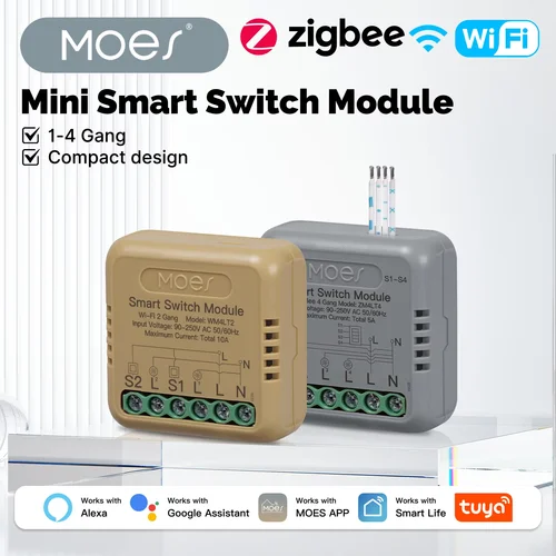 MOES Zigbee/WiFi Mini módulo de interruptor inteligente Tuya 1-4 Gang DIY funciona con Google Home Alexa Control de voz temporizador automatización del hogar