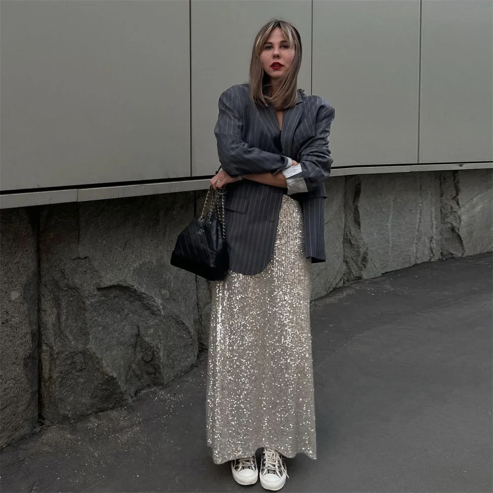 

Glitter Sequins Long Sleeve Crop Top Maxi Skirt for Women Sexy Autumn T-shirt Straight Ankle-Length Skirt Party Streetwear