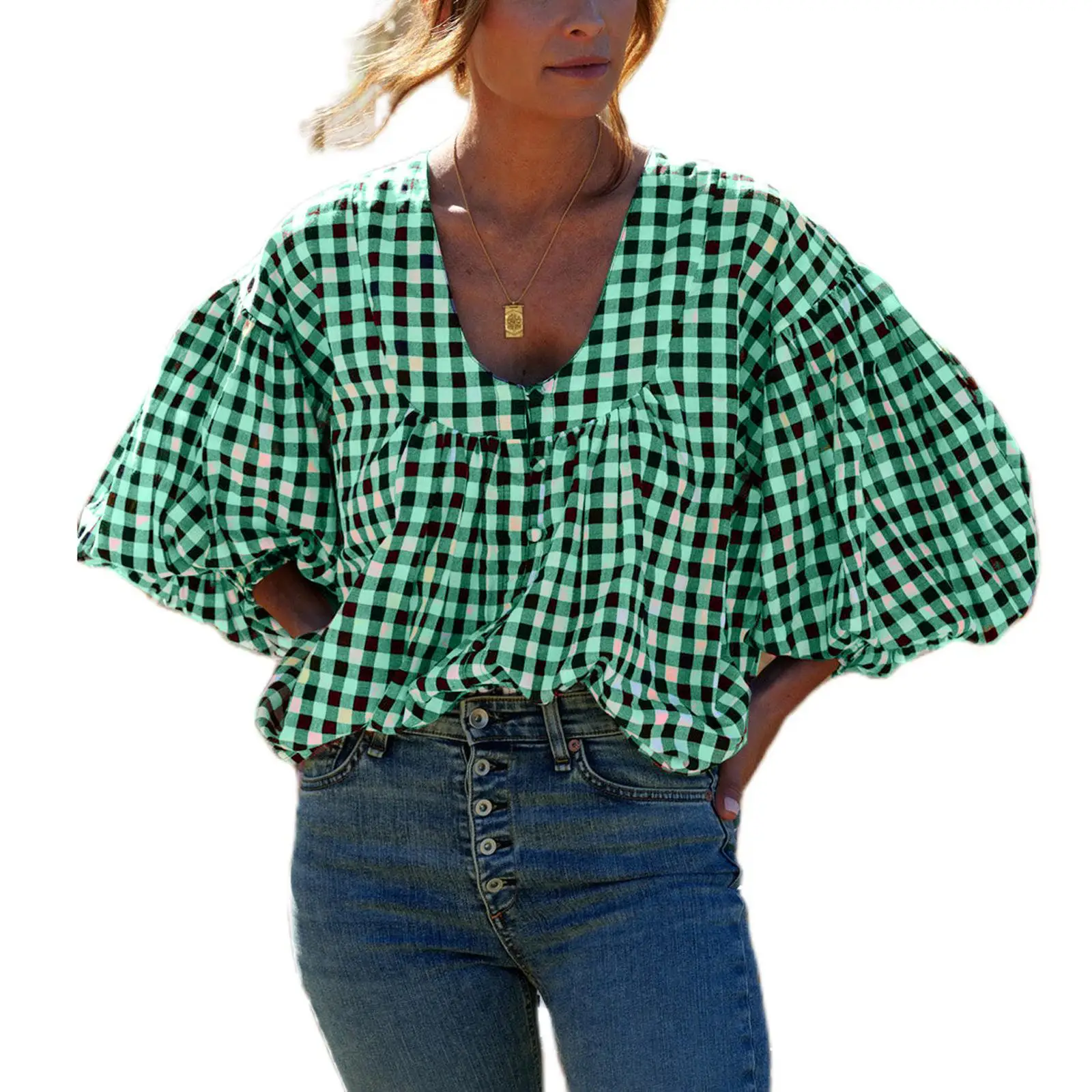 เสื้อผ้าผู้หญิง คอจีบ ลายสก็อต แขนยาวทรงบับเบิ้ล ผ้าโพลีเอสเตอร์ สวมใส่สบาย สไตล์ลำลอง