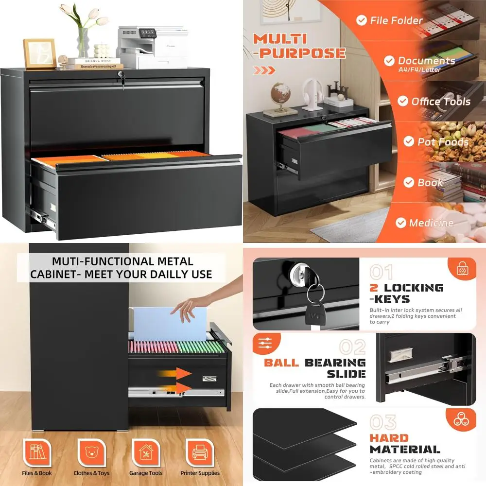 خزانة ملفات قفل معدنية سوداء ذات درجين للمكتب المنزلي، تخزين آمن مع آلية القفل