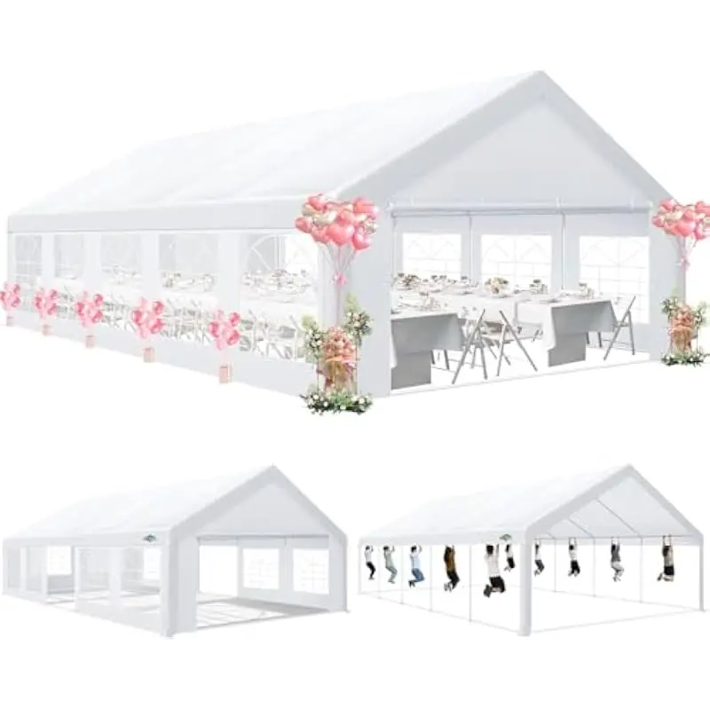16x32 ft premium PE party canopy with 6 zippered sidewalls, reinforced metal frame, UV50+ protection, waterproof wind-resistant