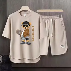 Summer Men's Sets Japan Trendy Cartoon Printed T-shirts Shorts 2 Piece Set Breathable Waffle Top Sports Men's Clothing New 2024