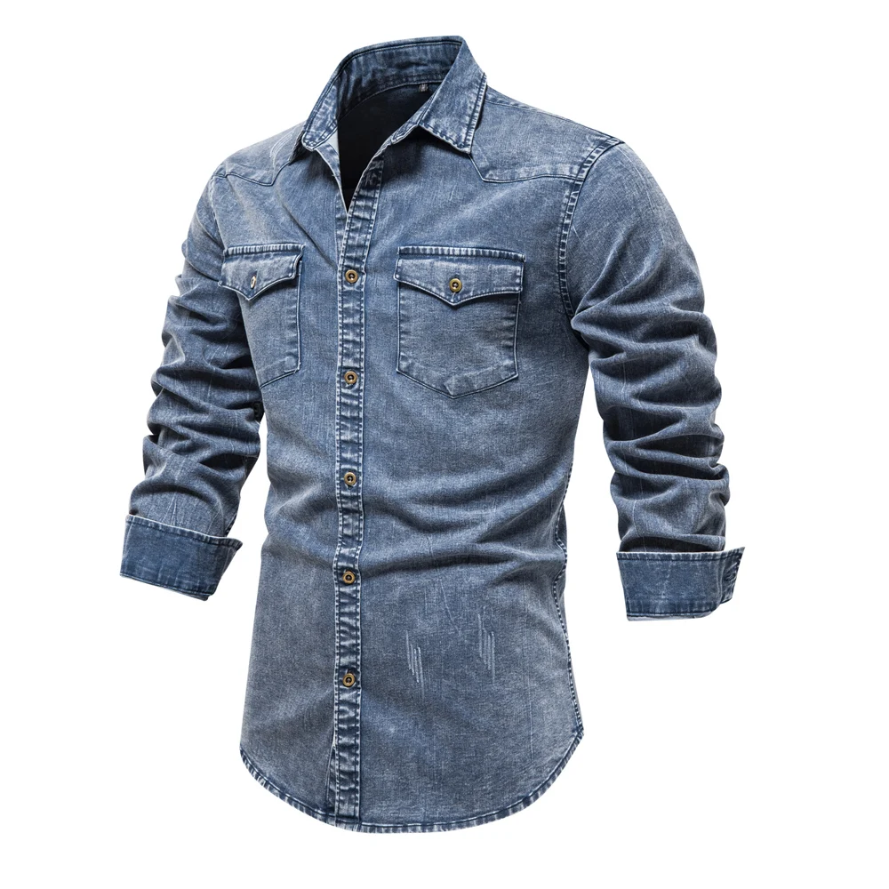 Men Denim Shirt Cotton Solid Color Double Pocket Casual Camisa Hombre Cowboy Shirts High Quality Slim Clothes  Autumn Black Blue