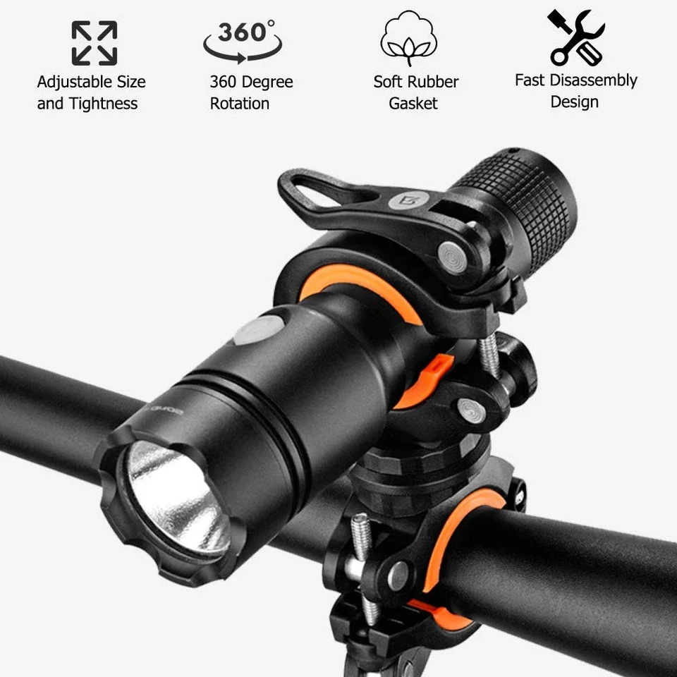 2 Pack 360° Rotation Flashlight Mount Holder Bicycle LED Light Clip Clamp Universal for Bike Handlebar Cycling Riding